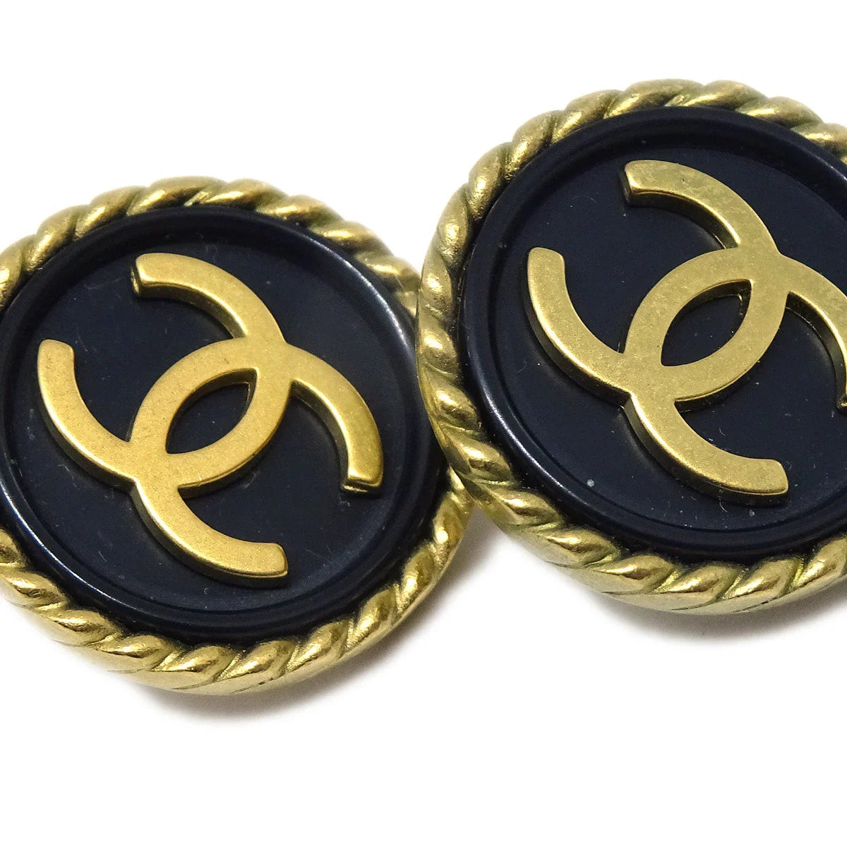 Chanel 1994 Gold & Black 'CC' Rope Edge Button Earrings