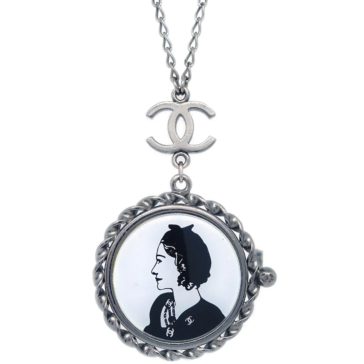 Chanel Mademoiselle Chain Pendant Necklace Silver 03P