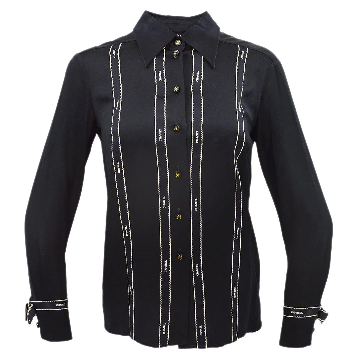 Chanel Ribbon Blouse Shirt Black 94A #36