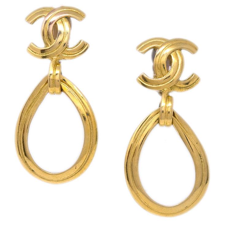 Chanel Dangle Hoop Earrings Gold Clip-On 96P