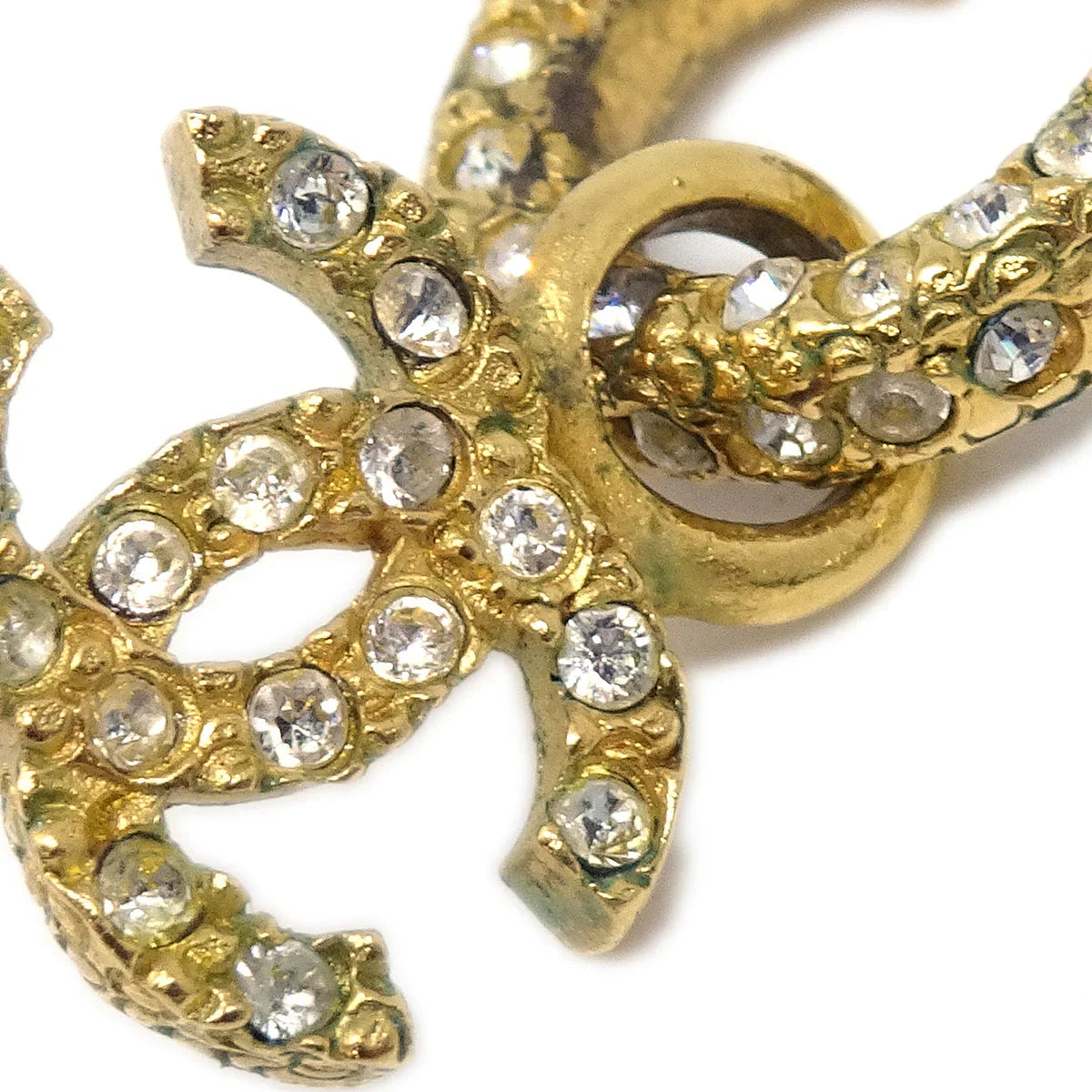 Chanel Dangle Pierced Earrings Rhinestone Gold 01P