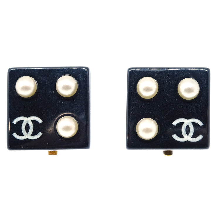 Chanel Artificial Pearl Square Earrings Clip-On Black 03C