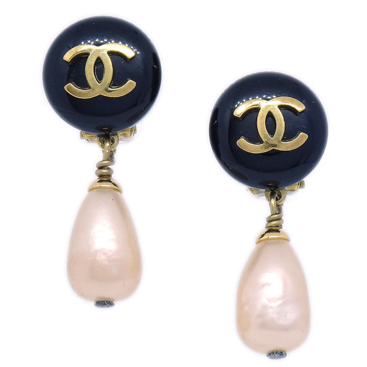 Chanel 1994 CC Black & Teardrop Pearl Dangle Earrings