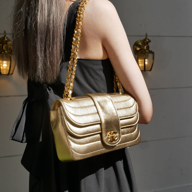 CHANEL Gold Patent Leather Madison Chain Flap Bag