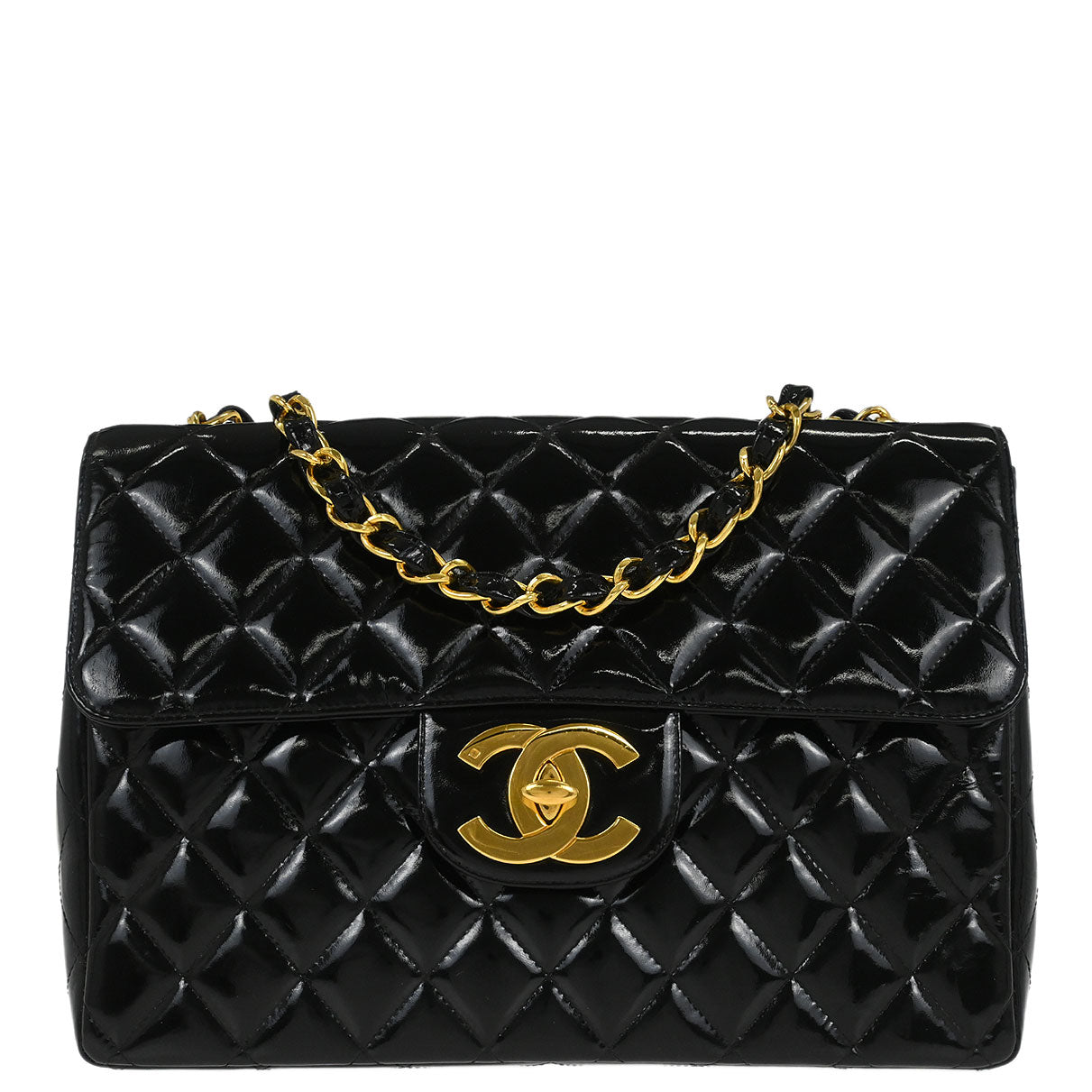 Chanel Black Patent Leather Jumbo Classic Flap Shoulder Bag