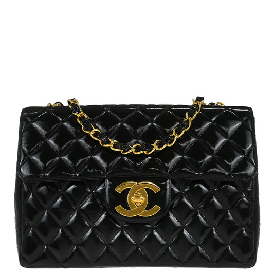 Chanel Black Patent Leather Jumbo Classic Flap Shoulder Bag