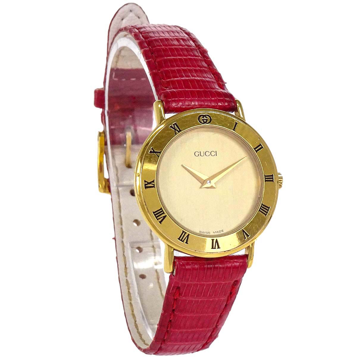 Gucci * 3000.2.L 25 mm Quartz Watch Wristwatch Gold Red Lizard