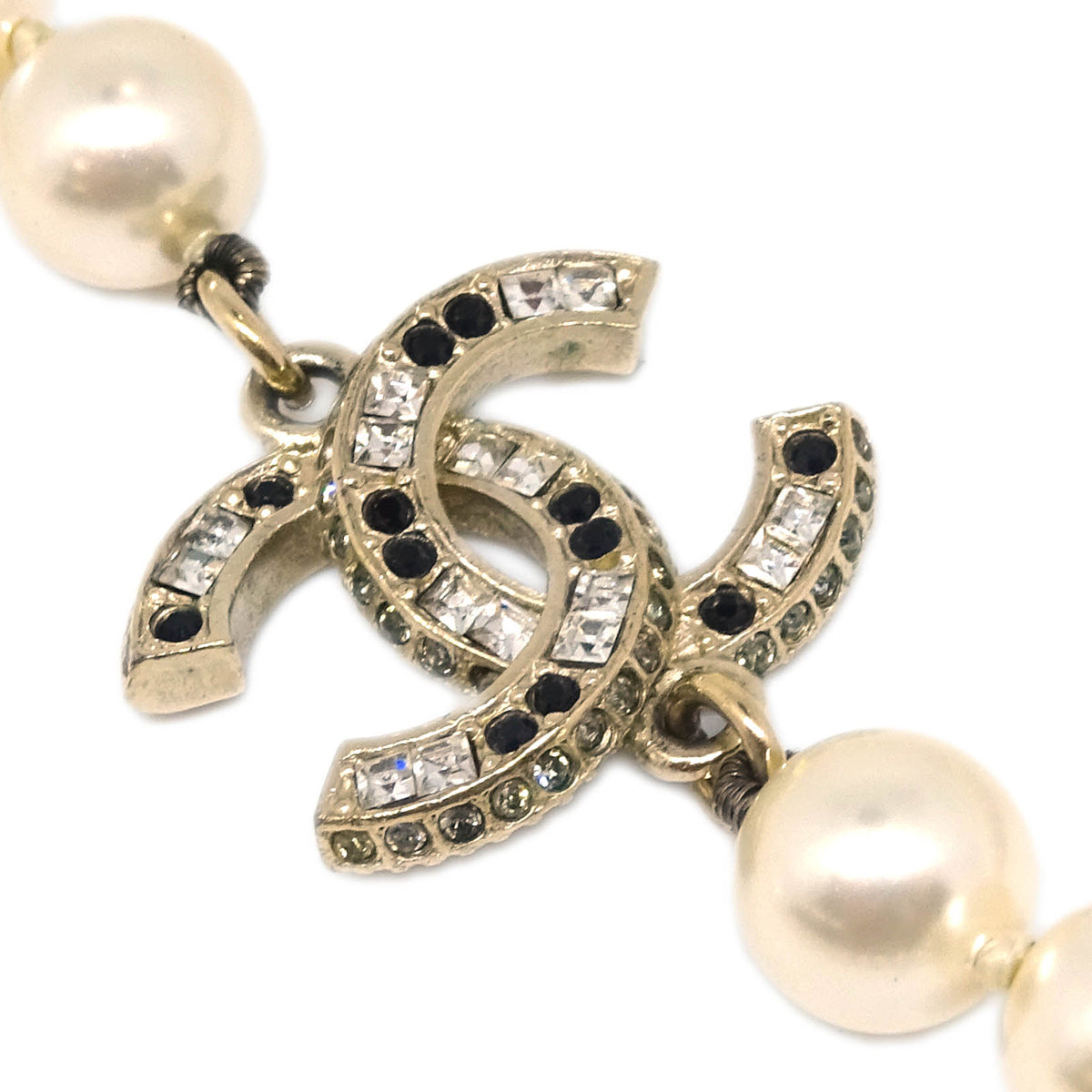 Chanel Gold Chain Artificial Pearl Rhinestone Necklace A15B