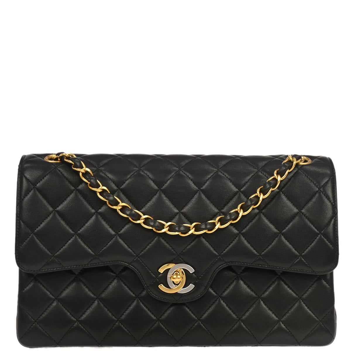 Chanel 1994-1996 Black Lambskin Paris Medium Double Flap Shoulder Bag