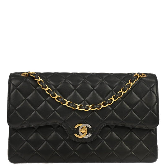 Chanel 1994-1996 Black Lambskin Paris Medium Double Flap Shoulder Bag