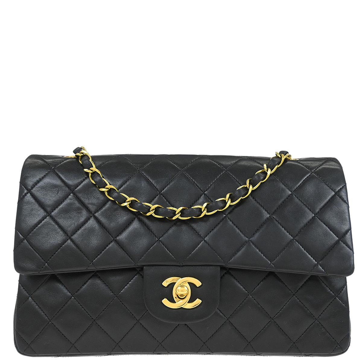Chanel 1991-1994 Black Lambskin Medium Classic Double Flap Shoulder Bag