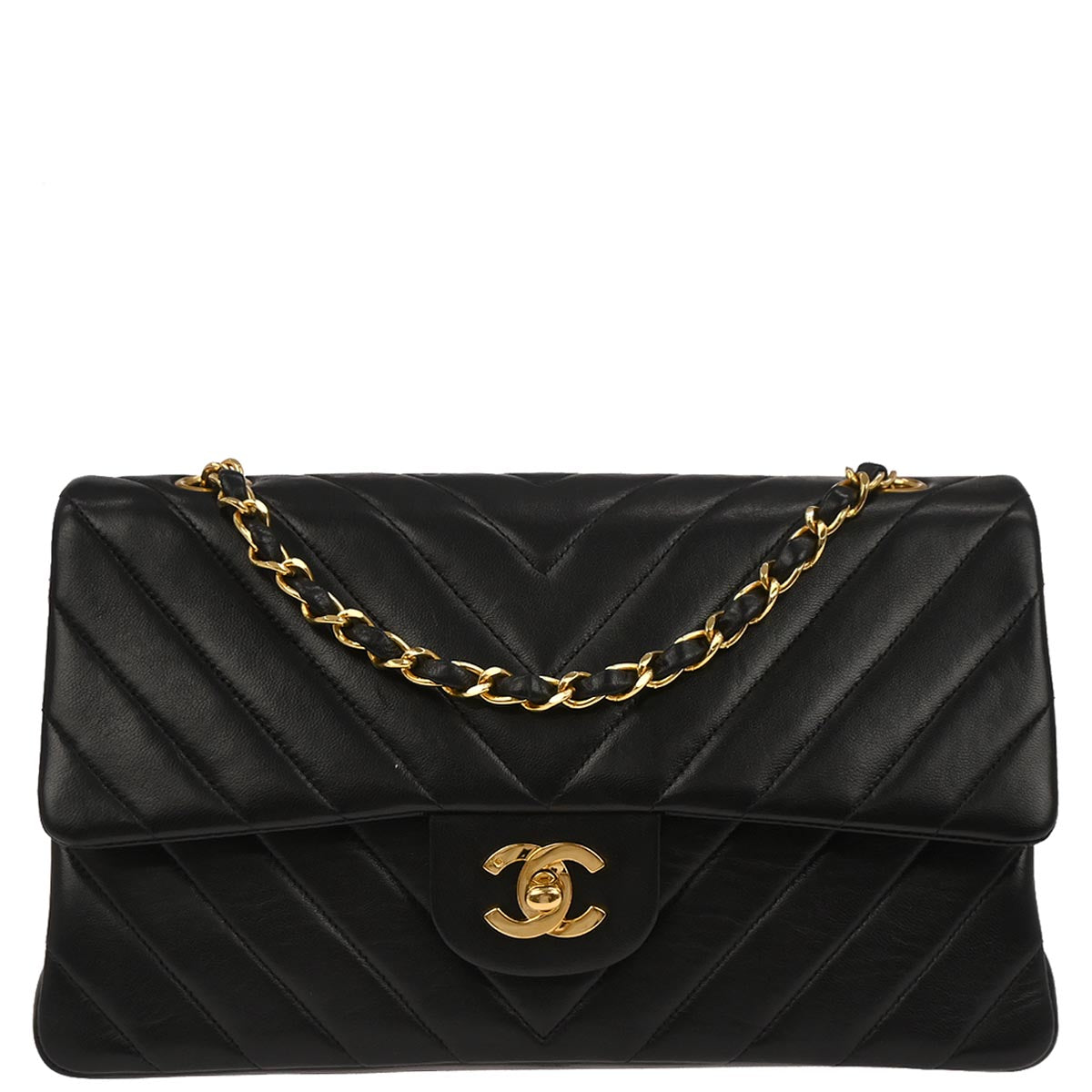 Chanel 1991-1994 Black Lambskin Chevron Medium Classic Double Flap Shoulder Bag