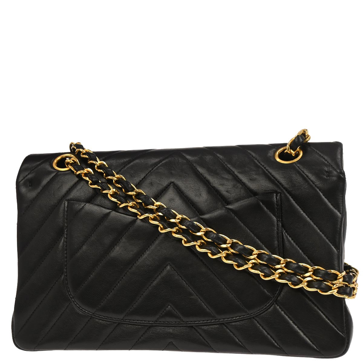 Chanel 1991-1994 Black Lambskin Chevron Medium Classic Double Flap Shoulder Bag