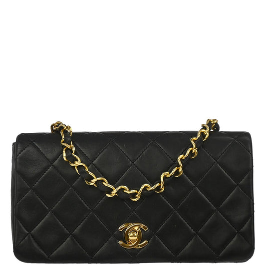 Chanel 1989-1991 Black Lambskin Turnlock Mini Full Flap Shoulder Bag