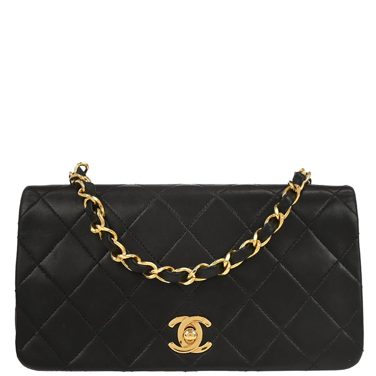 Chanel 1989-1991 Black Lambskin Turnlock Mini Full Flap Shoulder Bag