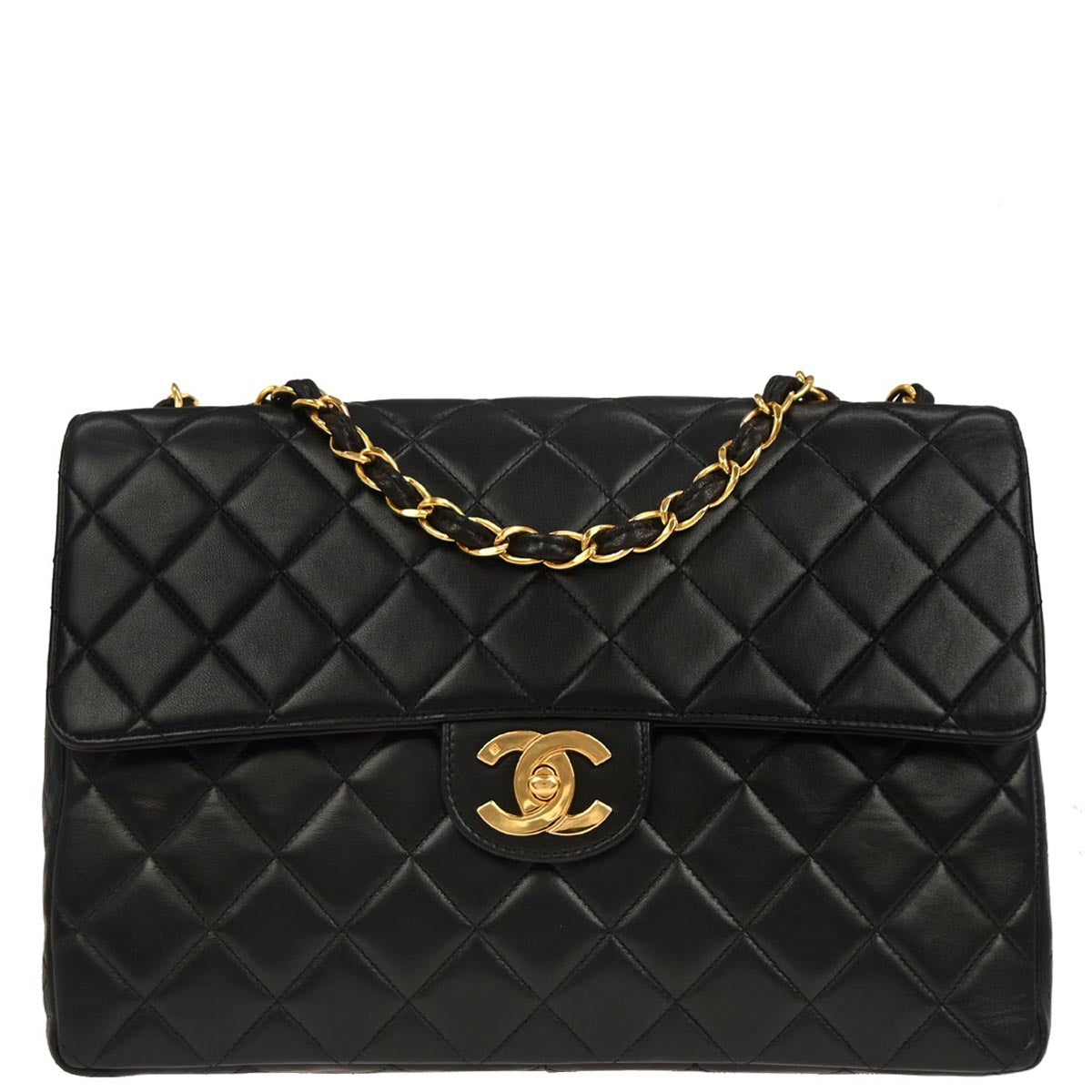 Chanel 1996-1997 Black Lambskin Jumbo Classic Flap Shoulder Bag