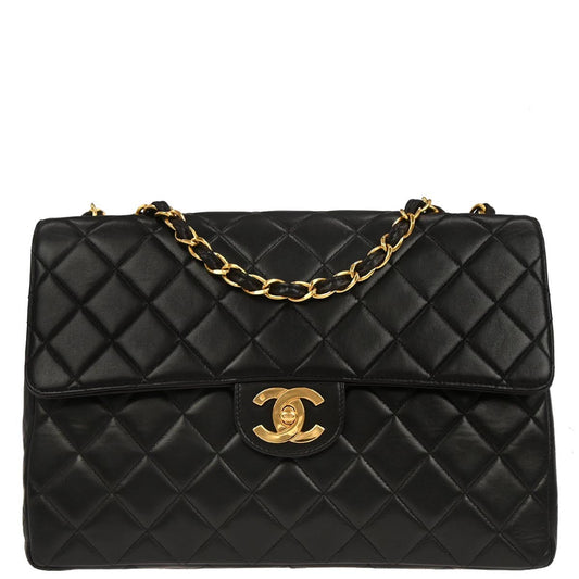 Chanel 1996-1997 Black Lambskin Jumbo Classic Flap Shoulder Bag