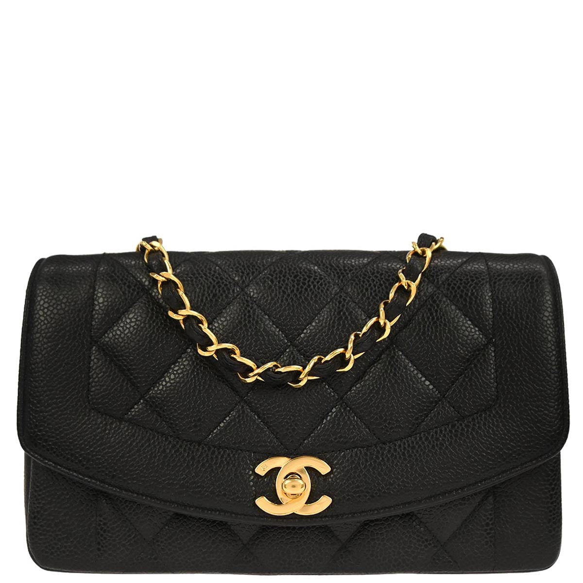 Chanel 1991-1994 Black Caviar Skin Small Diana Shoulder Bag