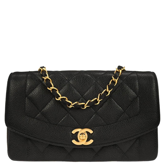 Chanel 1991-1994 Black Caviar Skin Small Diana Shoulder Bag