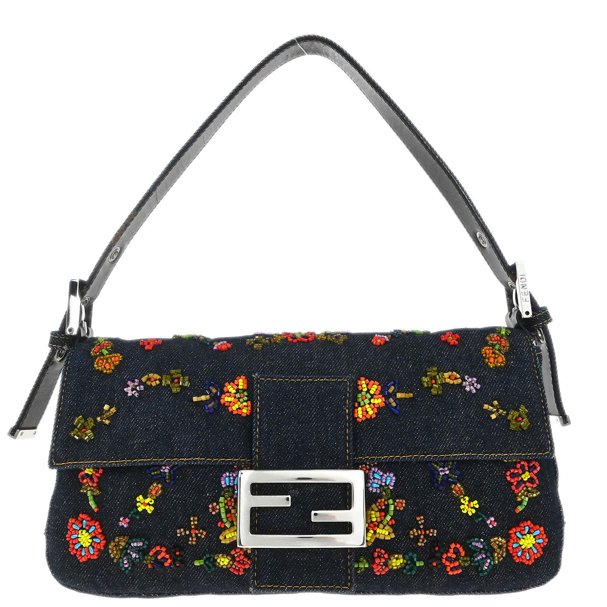 Fendi Navy Denim Beaded Baguette Handbag