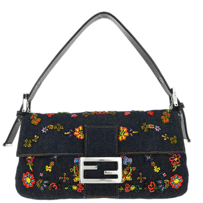 Fendi Navy Denim Beaded Baguette Handbag