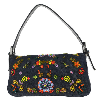 Fendi Navy Denim Beaded Baguette Handbag