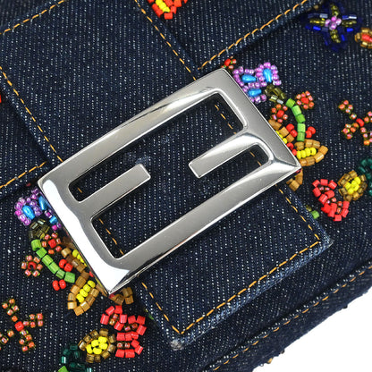 Fendi Navy Denim Beaded Baguette Handbag