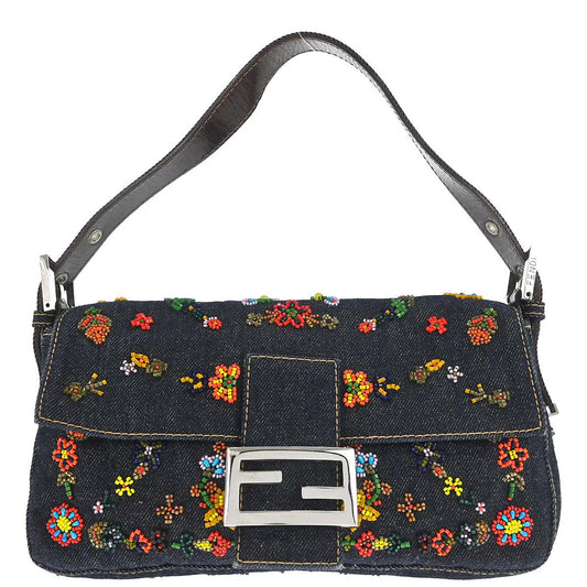 Fendi Navy Denim Beaded Baguette Handbag