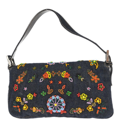 Fendi Navy Denim Beaded Baguette Handbag