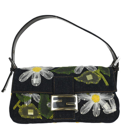 Fendi Navy Denim Floral Baguette Handbag