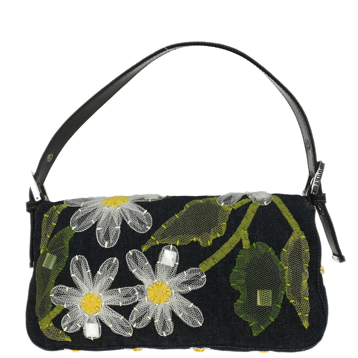 Fendi Navy Denim Floral Baguette Handbag