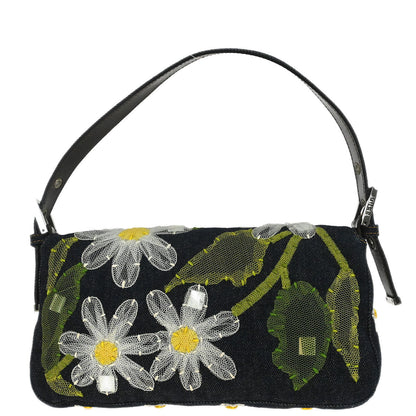 Fendi Navy Denim Floral Baguette Handbag