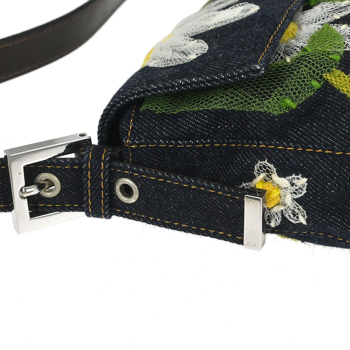 Fendi Navy Denim Floral Baguette Handbag