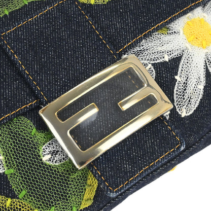 Fendi Navy Denim Floral Baguette Handbag