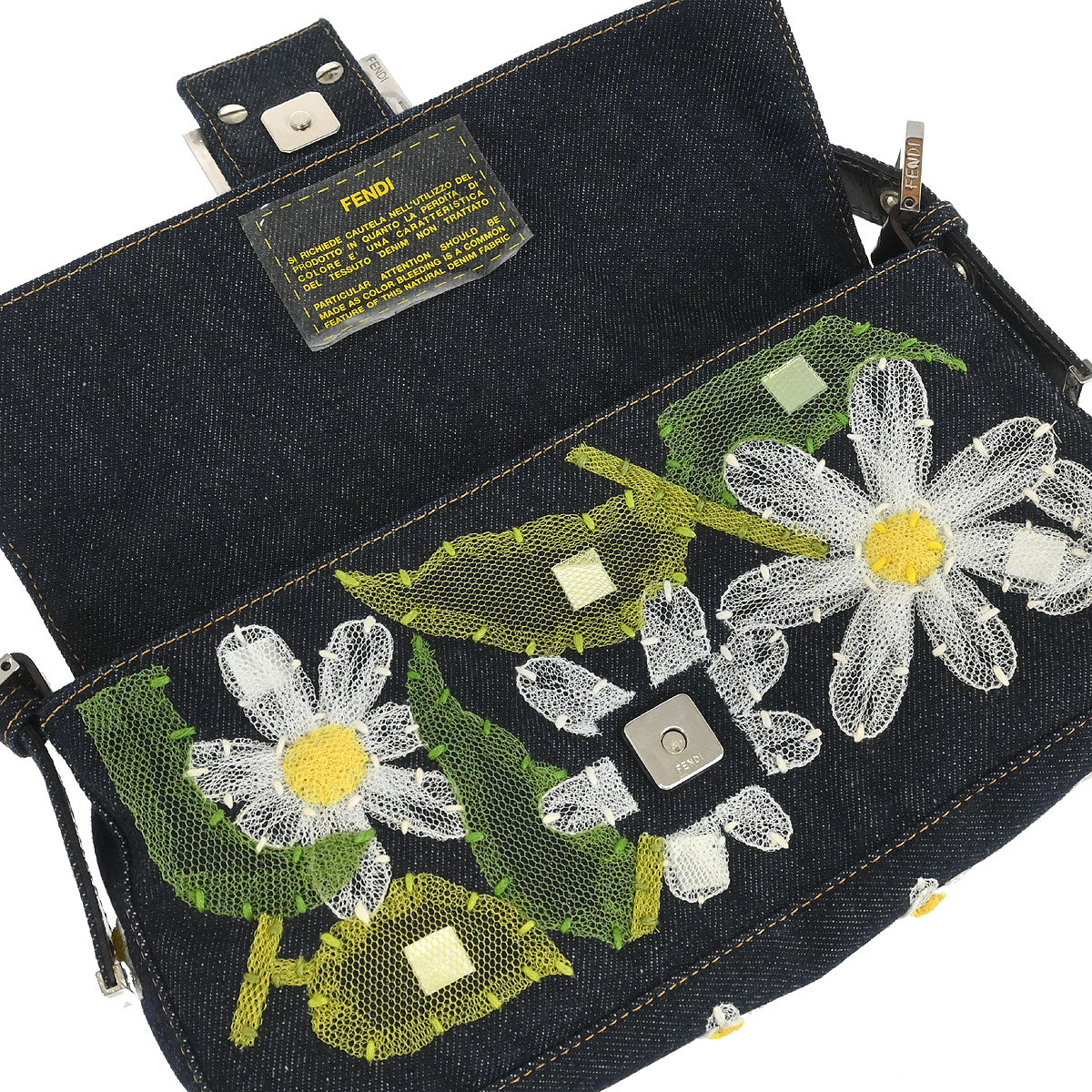 Fendi Navy Denim Floral Baguette Handbag