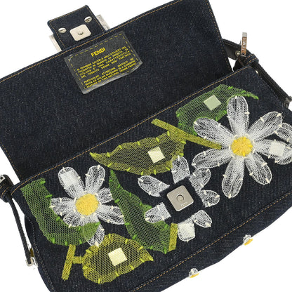 Fendi Navy Denim Floral Baguette Handbag