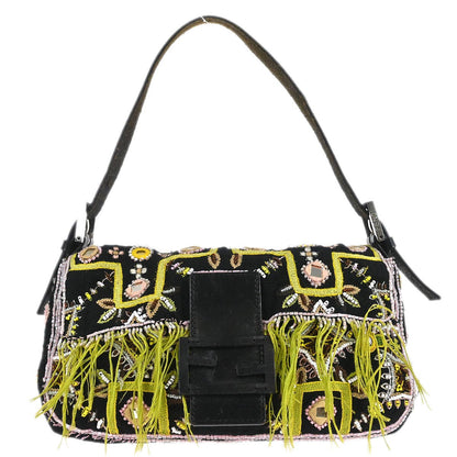 Fendi Black Cotton Beaded Embroidered Baguette Handbag