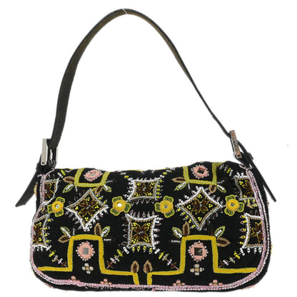 Fendi Black Cotton Beaded Embroidered Baguette Handbag