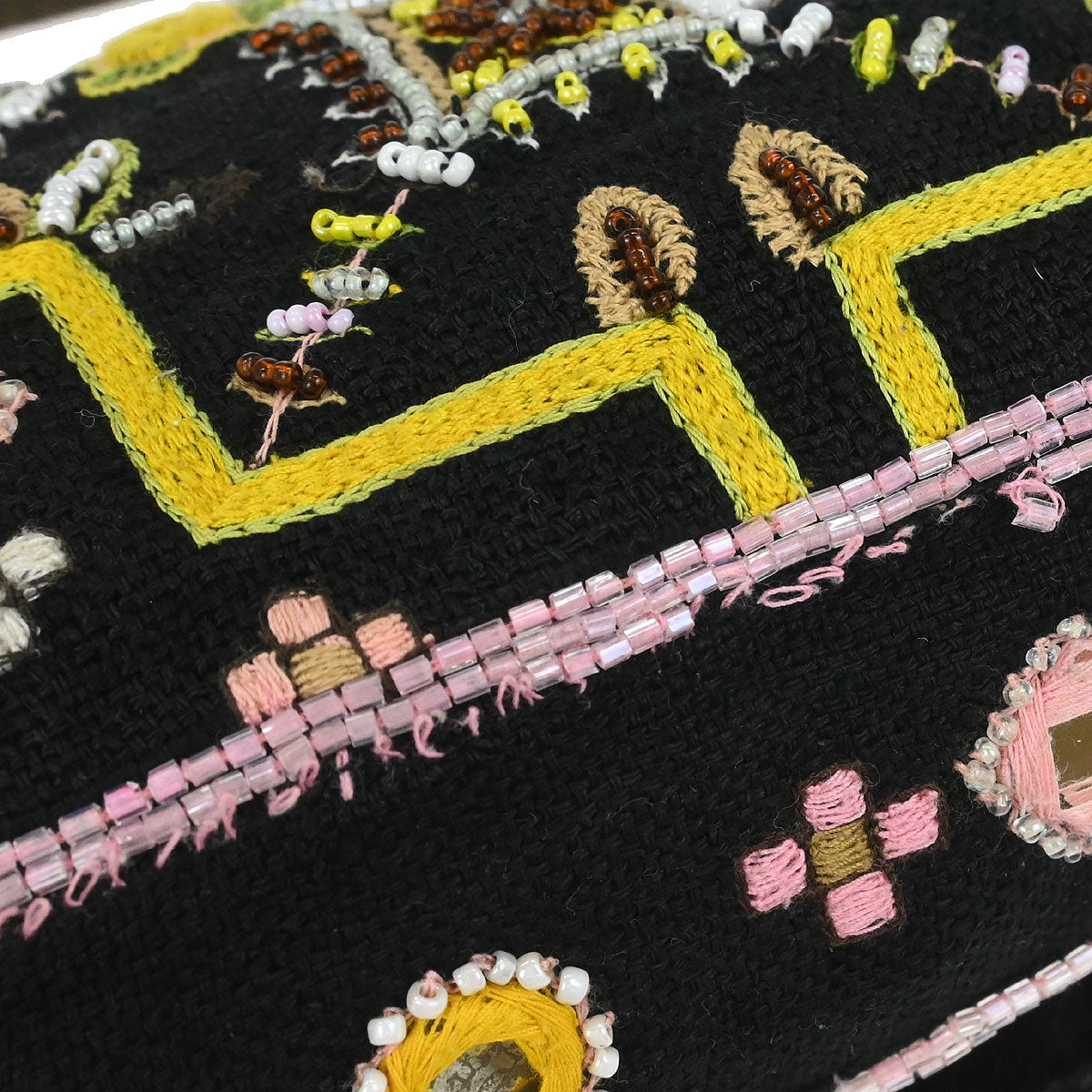 Fendi Black Cotton Beaded Embroidered Baguette Handbag