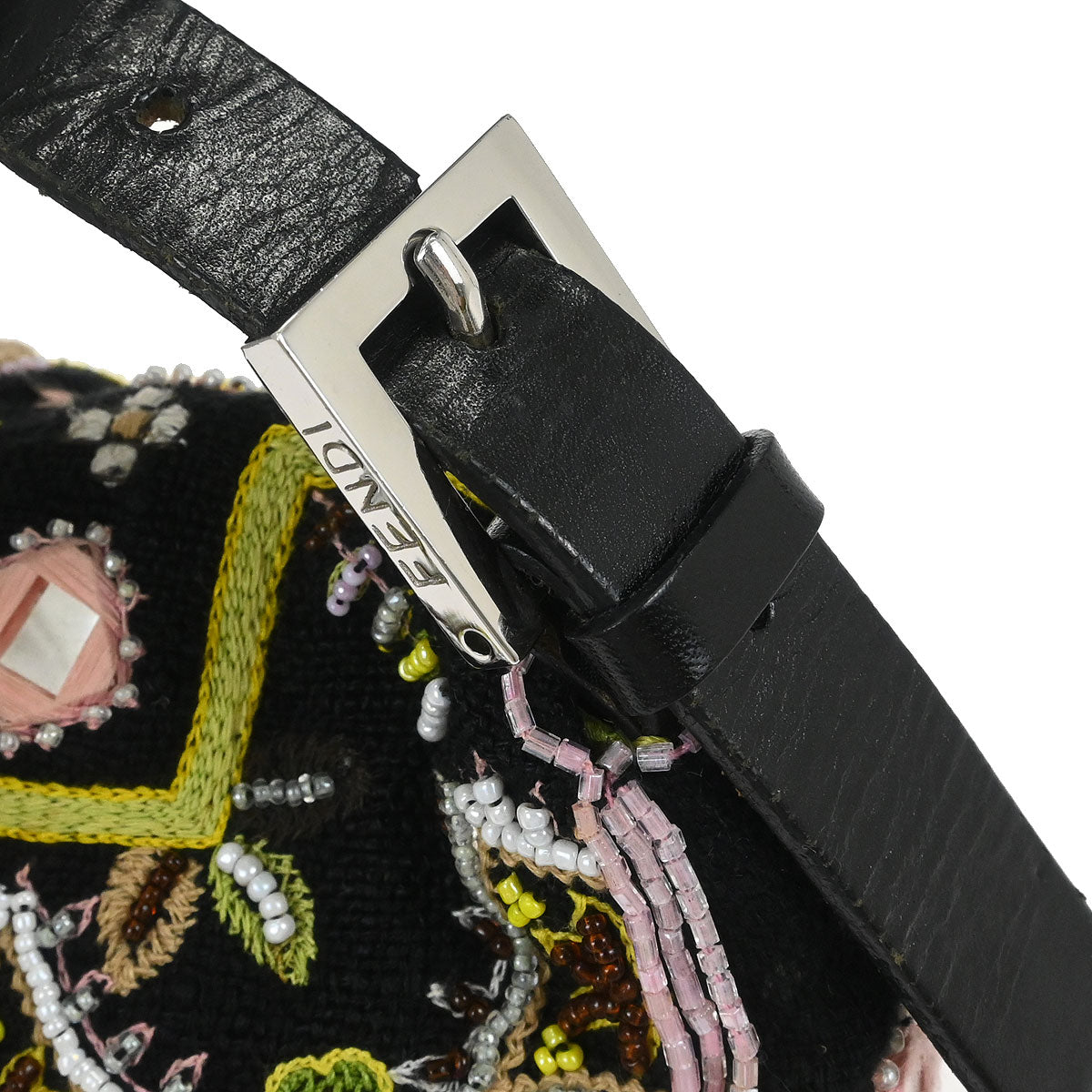 Fendi Black Cotton Beaded Embroidered Baguette Handbag