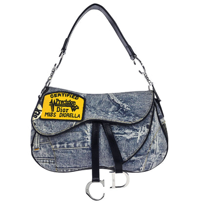 Christian Dior Blue Canvas Denim Print Double Saddle Handbag