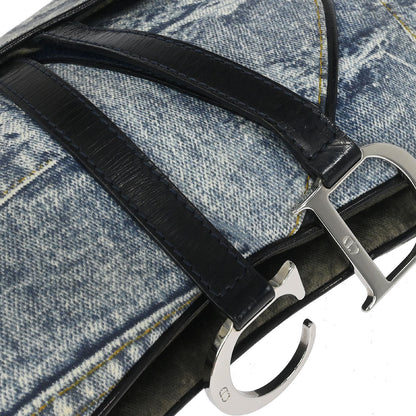 Christian Dior Blue Canvas Denim Print Double Saddle Handbag