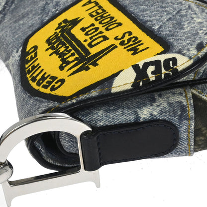 Christian Dior Blue Canvas Denim Print Double Saddle Handbag