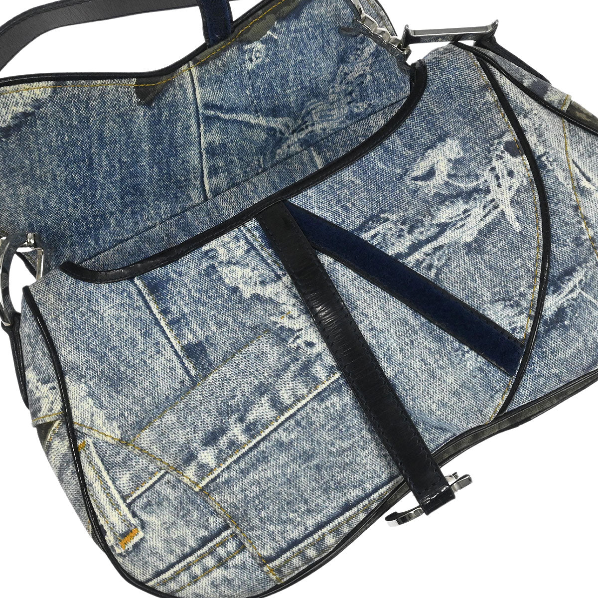 Christian Dior Blue Canvas Denim Print Double Saddle Handbag