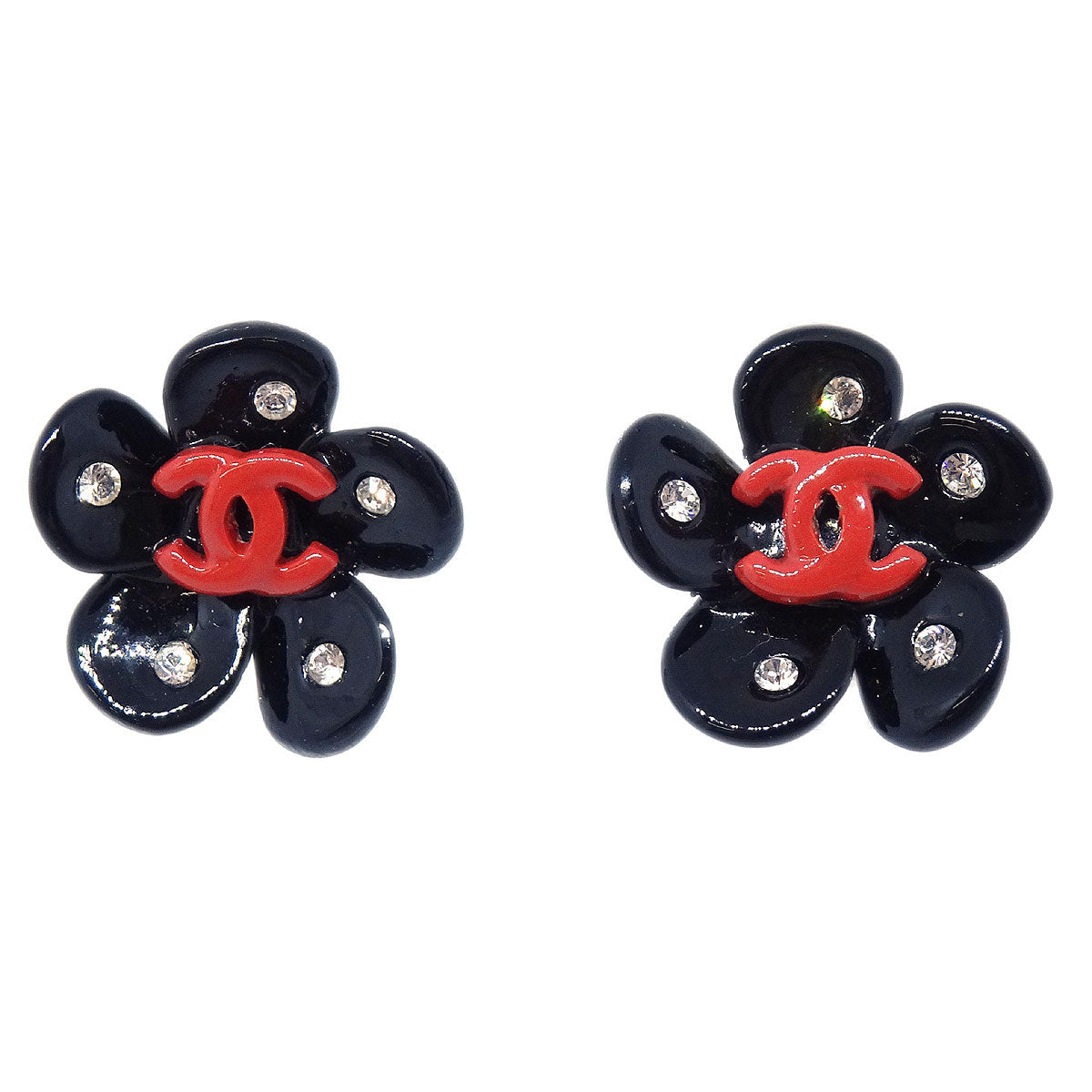 Chanel Camellia Pierced Earrings Black Rhinestone 04P