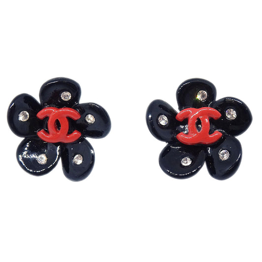 Chanel Camellia Pierced Earrings Black Rhinestone 04P