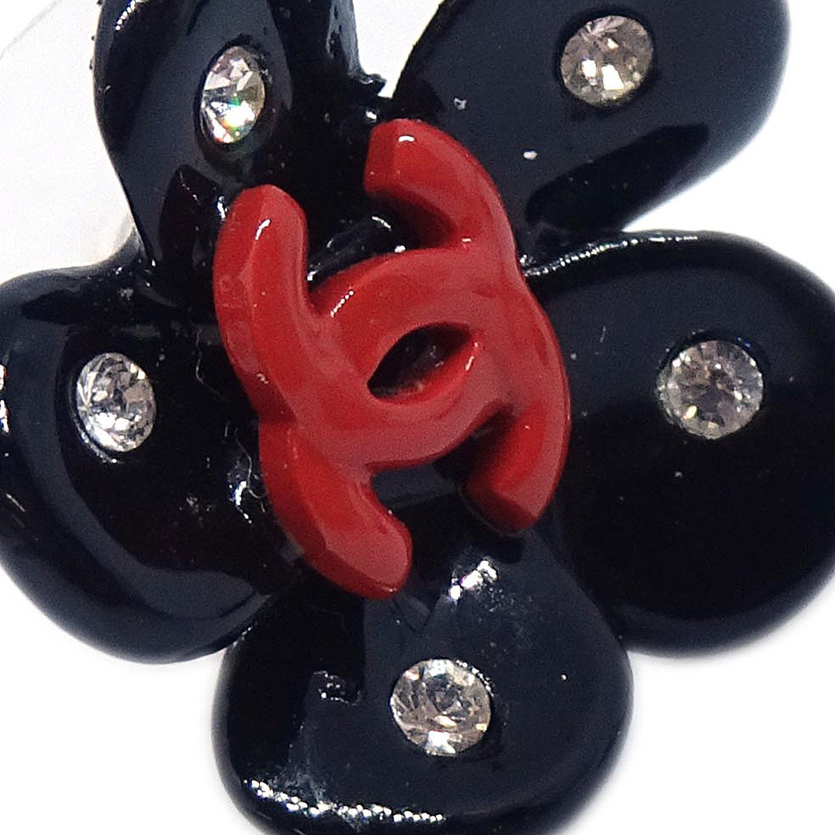 Chanel Camellia Pierced Earrings Black Rhinestone 04P