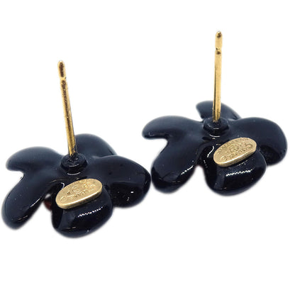 Chanel Camellia Pierced Earrings Black Rhinestone 04P