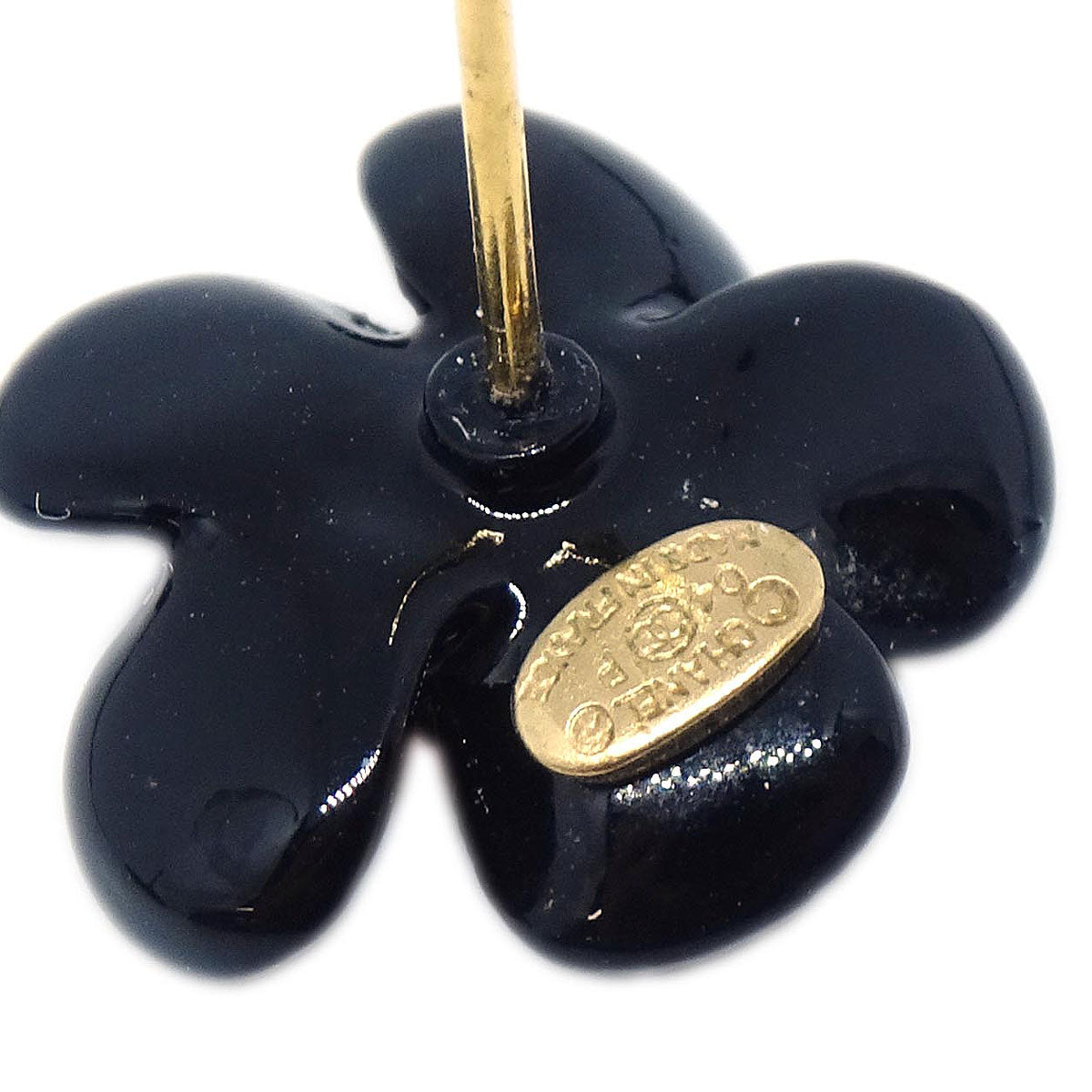 Chanel Camellia Pierced Earrings Black Rhinestone 04P