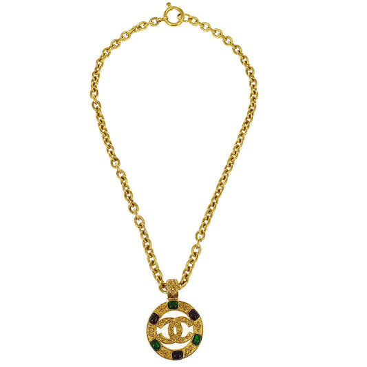 Chanel Gripoix Gold Chain Pendant Necklace Medallion 94A